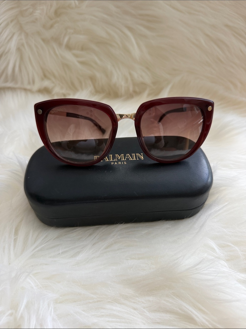 Balmain Deep Red Cat-Eye Sunglasses with Gold Bridge